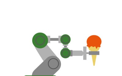 Ilustración digital de un robot futurista sirviendo un cono de helado