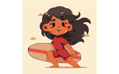 Cartoon Girl Happily Holding a Surfboard