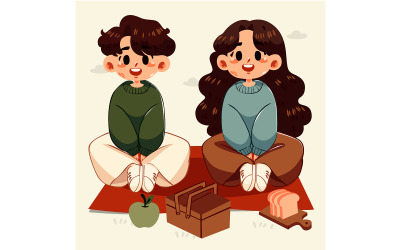 GRATIS Cartoonjongen en -meisje genieten van een picknick