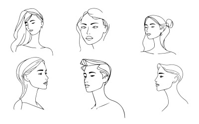 Sada stylizovaných ženských tváří. Moderní jednořádková grafika. Koncept módní krásy ženy.