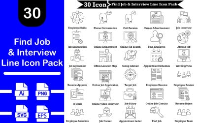 Hitta jobb och intervju linje ikonpaket