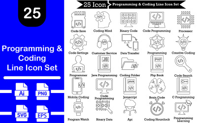 Programmerings- och kodningslinjeikonuppsättning
