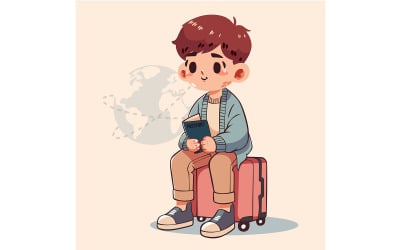 Cartoon Boy Sitting on Luggage travel holiday