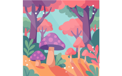 Cartoon Whimsical Mushroom and Trees