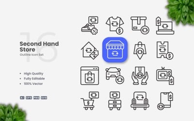 16 Second Hand Store Outline Icons Set