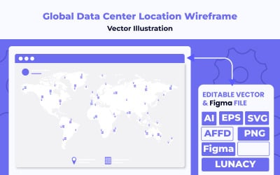 Global Data Center Location Wireframe – Flat Design Illustration