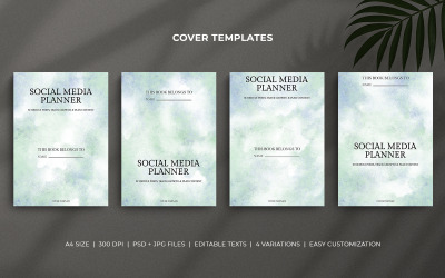 Copertine per Social Media Planner – Design con pennello acquerello verde e viola, modelli PSD modificabili