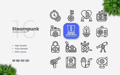 16 Steampunk Outline Icons Set