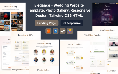 Elegance – Esküvői weboldal sablon, fotógaléria, reszponzív design, Tailwind CSS HTML