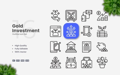 16 Gold Investment Outline Icons Set