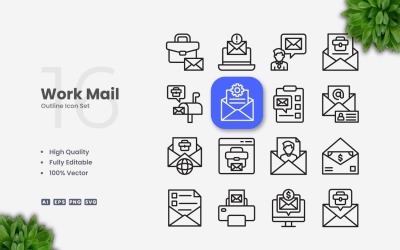 16 Work Mail Outline Icons Set