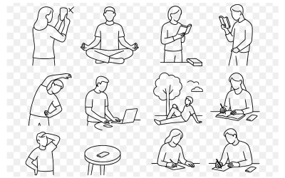 Minimalistische Linienkunst der täglichen achtsamen Gewohnheiten Wellness, Fokus &amp;amp; Selbstpflege Illustration