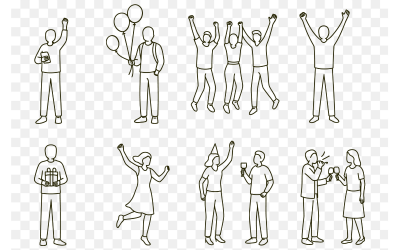 Set vettoriale di linee minimaliste di persone che celebrano feste e momenti festivi