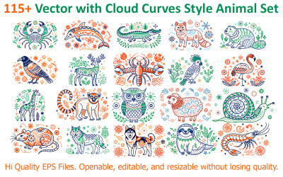 115+ Vector with Cloud Curves Style Animal Set
