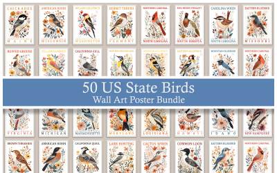 50 US State Birds Wall Art Poster Bundle