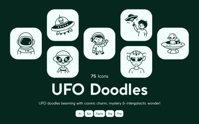 Modern UFO Doodle Ikonuppsättning