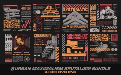 Bundel met T-shirtontwerpen voor stedelijk maximalisme en brutalisme