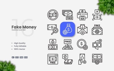 16 Fake Money Outline Icons Set