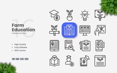 16 Farm Education Outline Icons Set