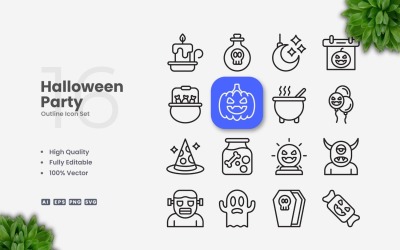 16 Halloween Party Outline Icons Set