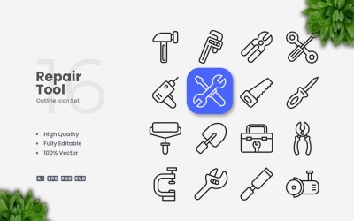 16 Repair Tool Outline Icons Set