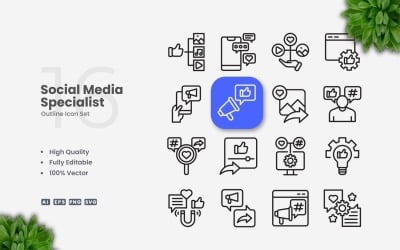 16 Social Media Specialist Outline Icons Set