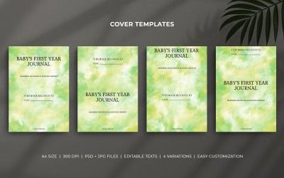 Baby’s First Year Journal Cover Templates - Green Watercolor Background - Editable PSD Design