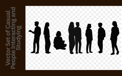 Black Silhouette Vector Set of Casual People Interacting and Studying – Modern Group Scenes