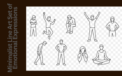 Conjunto de arte lineal minimalista con expresiones emocionales: alegría, tristeza, confianza, ansiedad y calma.