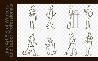 Conjunto de arte lineal minimalista de trabajadores y profesionales del trabajo que realizan tareas de limpieza, entrega y cotidianas.