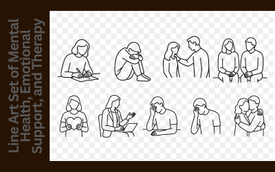 Conjunto de arte lineal minimalista sobre salud mental, apoyo emocional y terapia