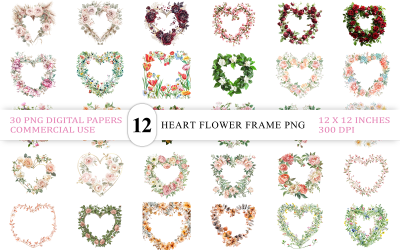 Elegant Light Bloom Heart Wreath PNGs | Delicate Floral Heart Frame | Pastel Heart Flower Frame