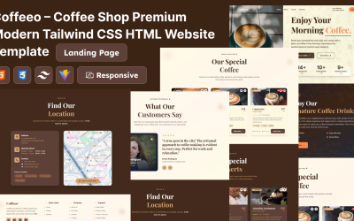 Coffeeo – prémiová moderní šablona webových stránek Tailwind s CSS HTML pro kavárnu