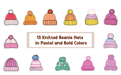13 Knitted Beanie Hats in Pastel and Bold Colors