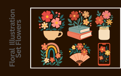 Blommigt objekt illustration set blommor i kopp, böcker, burk, regnbåge, fläkt och telefon