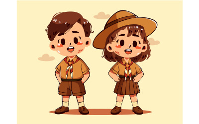 Niño y niña de dibujos animados con uniforme de explorador
