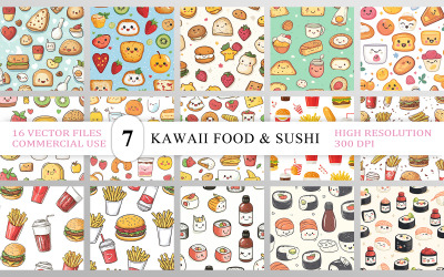 Cute Kawaii Food Seamless Pattern Burgers Fries | Fast Food &amp;amp; Japanese Sushi Pattern Vector