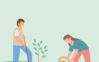 Eco-Friendly Tree Planting Scene: Flat Vector Illustration