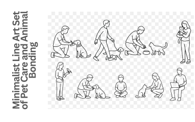 Minimalist Line Art Set of Pet Care and Animal Bonding – Dogs, Cats, and Owners