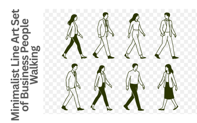 Minimalistisches Line Art Set von Geschäftsleuten beim Gehen – Professionelle Männer und Frauen in Bewegung