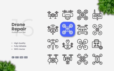 Conjunto de 16 iconos de esquema de reparación de drones