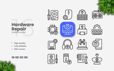 16 Hardware Repair Outline Icons Set