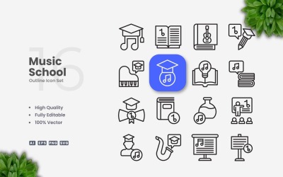 16 Muziekschool Outline Iconen Set