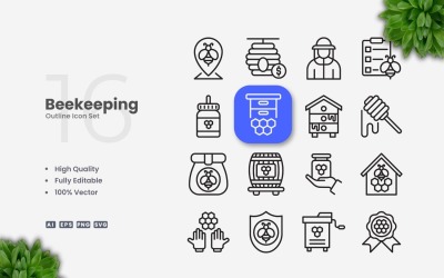 16 Beekeeping Outline Icons Set