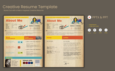 Modello di curriculum creativo e lettera di presentazione | Design retrò vintage per designer (PPTX/PPT)