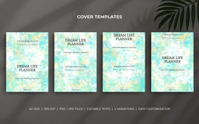 Modelli di copertina per Dream Life Planner con sfondo acquerello color acquamarina e giallo crema