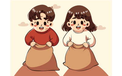 Cartoon Boy and Girl in a Sack Race