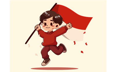 Cartoon Boy Holding a Indonesia Flag
