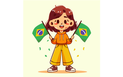 Cartoon Girl Holding Brazilian Flags
