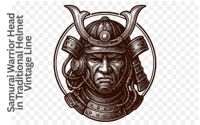 Engraved Samurai Warrior Head in Traditional Helmet Vintage Line Art Illustration